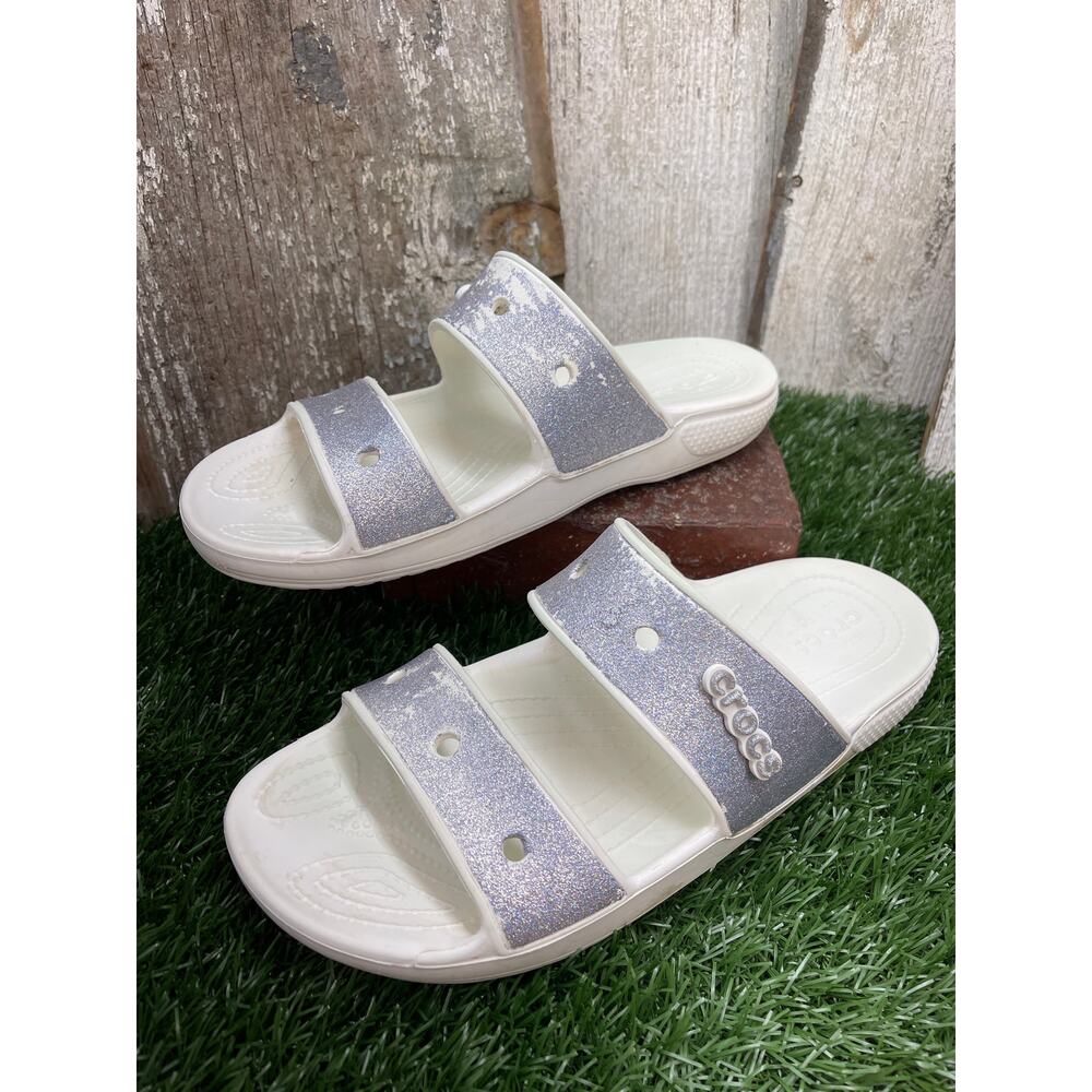 CROCS White Silver Glitter Two Strap Slides Women's 11